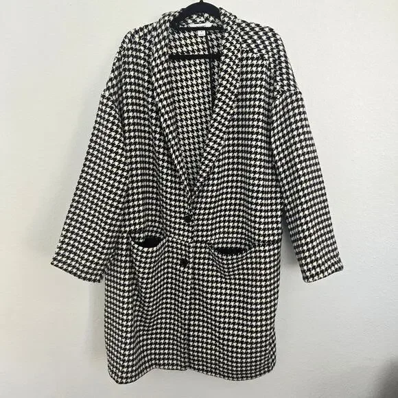 Old Navy Women's 3X Black & White Houndstooth Overcoat Button Up Long Cardigan - Picture 1 of 7